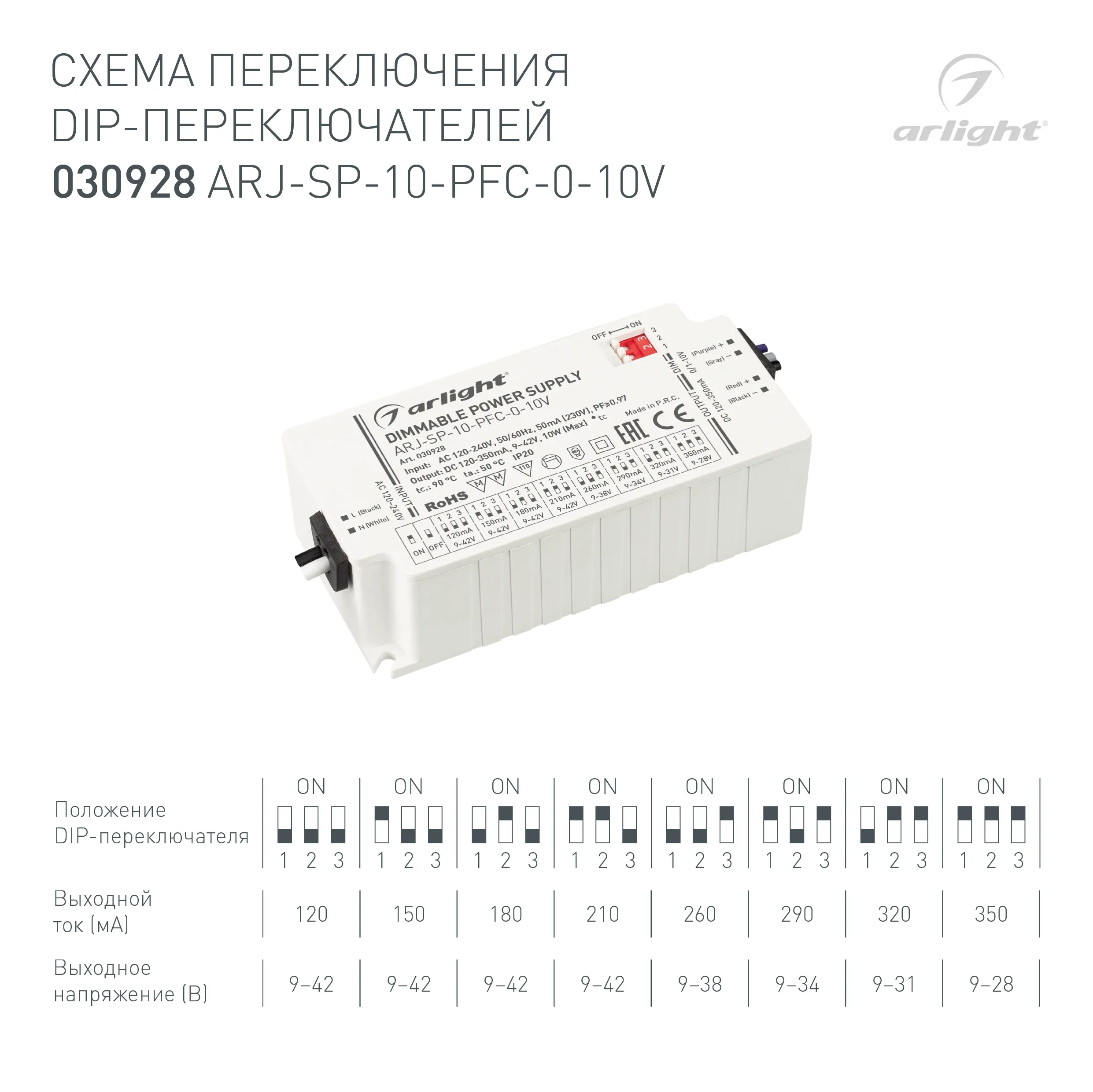 Блок питания ARJ-SP-10-PFC-0-10V (10W, 120-350mA) (Arlight, IP20 Пластик, 5 лет) - изображение товара