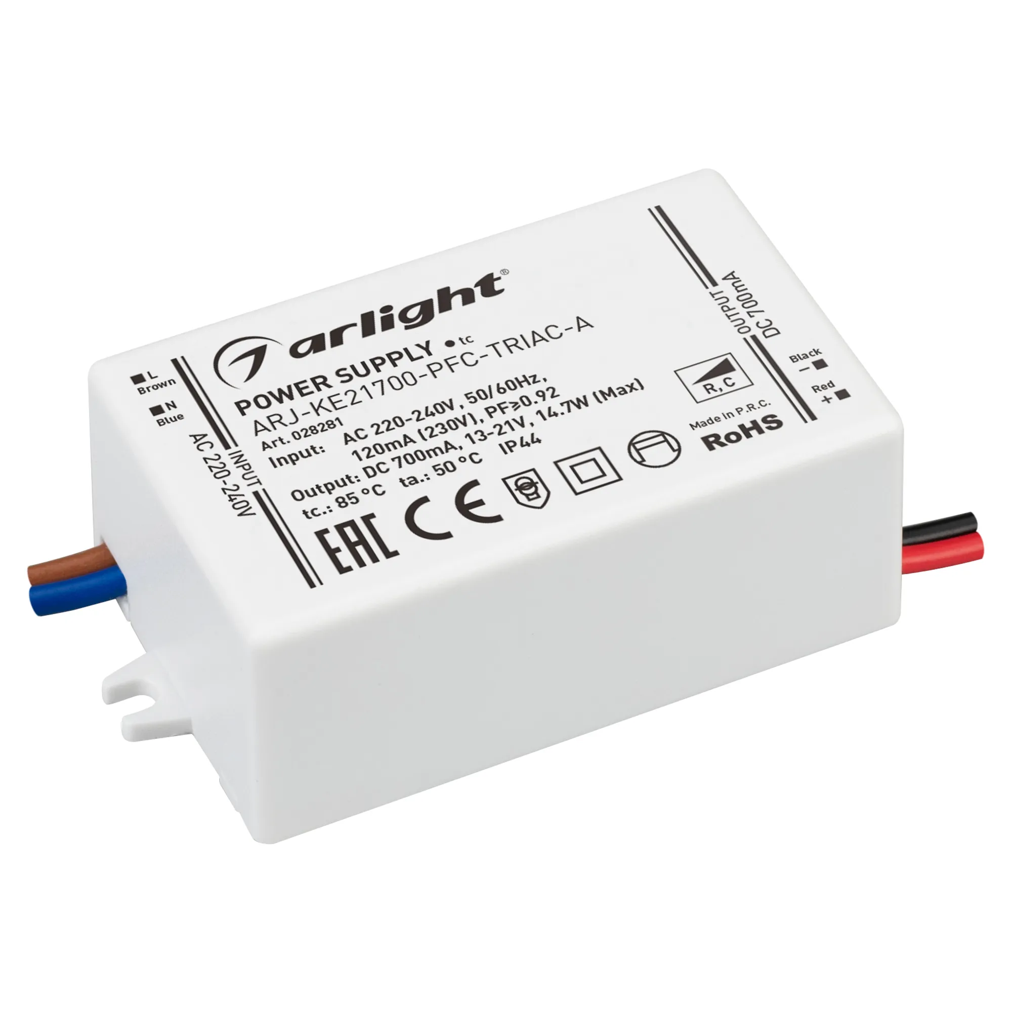 Блок питания ARJ-KE21700-PFC-TRIAC-A (15W, 700mA) (Arlight, IP44 Пластик, 5 лет) - изображение товара